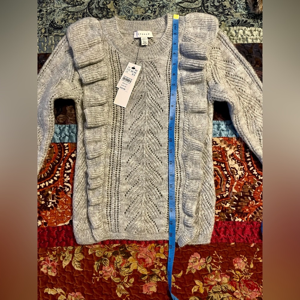 ASOS Topshop Ruffle Pointelle Crewneck Cropped Sweater, Light Gray - Picture 10 of 12